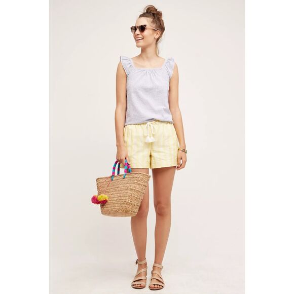 Anthropologie Elevenses Tasseled Dobby Tie Waist Shorts in Yellow & White Stripe - Picture 2 of 11